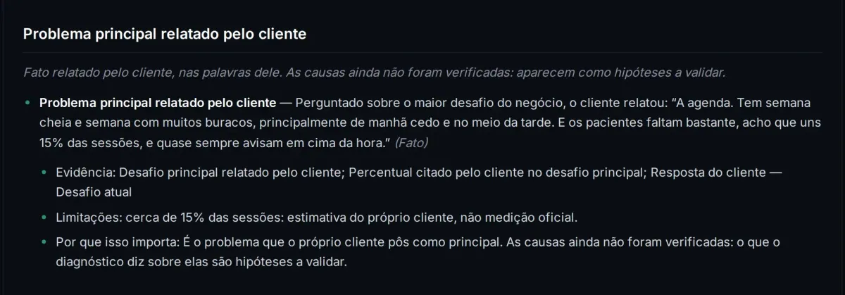 Diagnóstico do Plano Previsível com o problema principal relatado pelo cliente em destaque